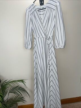 Calvin Klein White and Gray Striped Wrap Maxi Dress